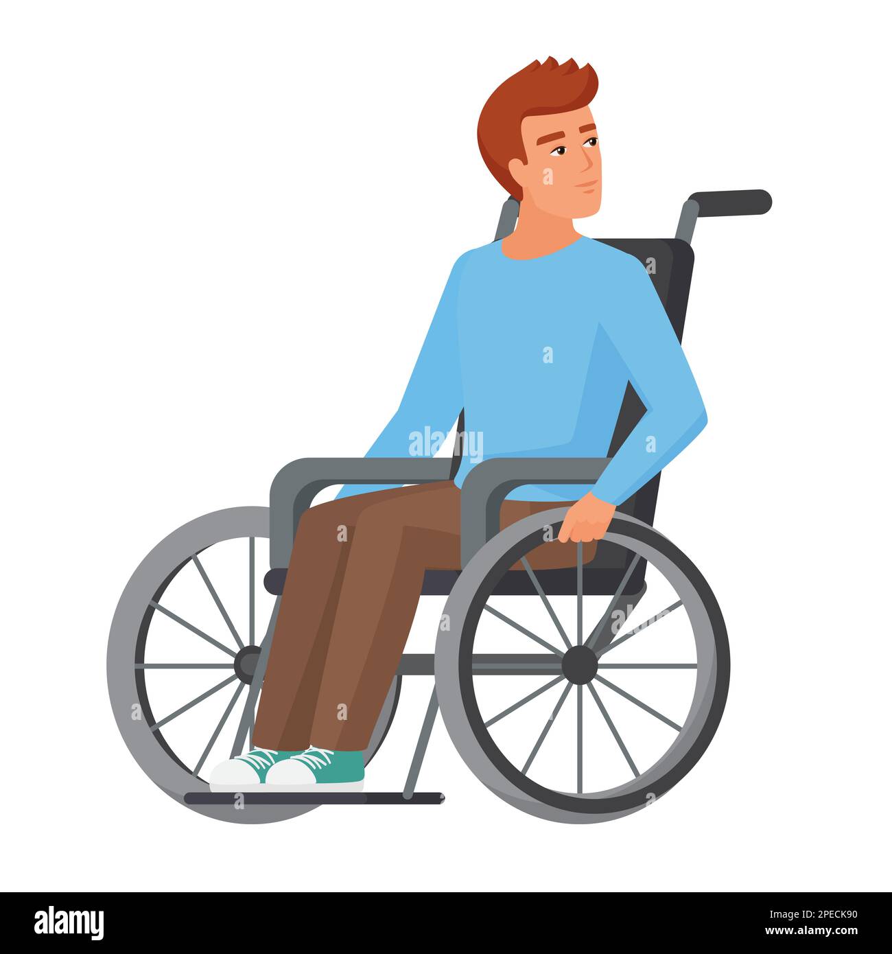 Disabled young man sitting in wheelchair. Disable boy with walking problems vector cartoon illustration Stock Vector