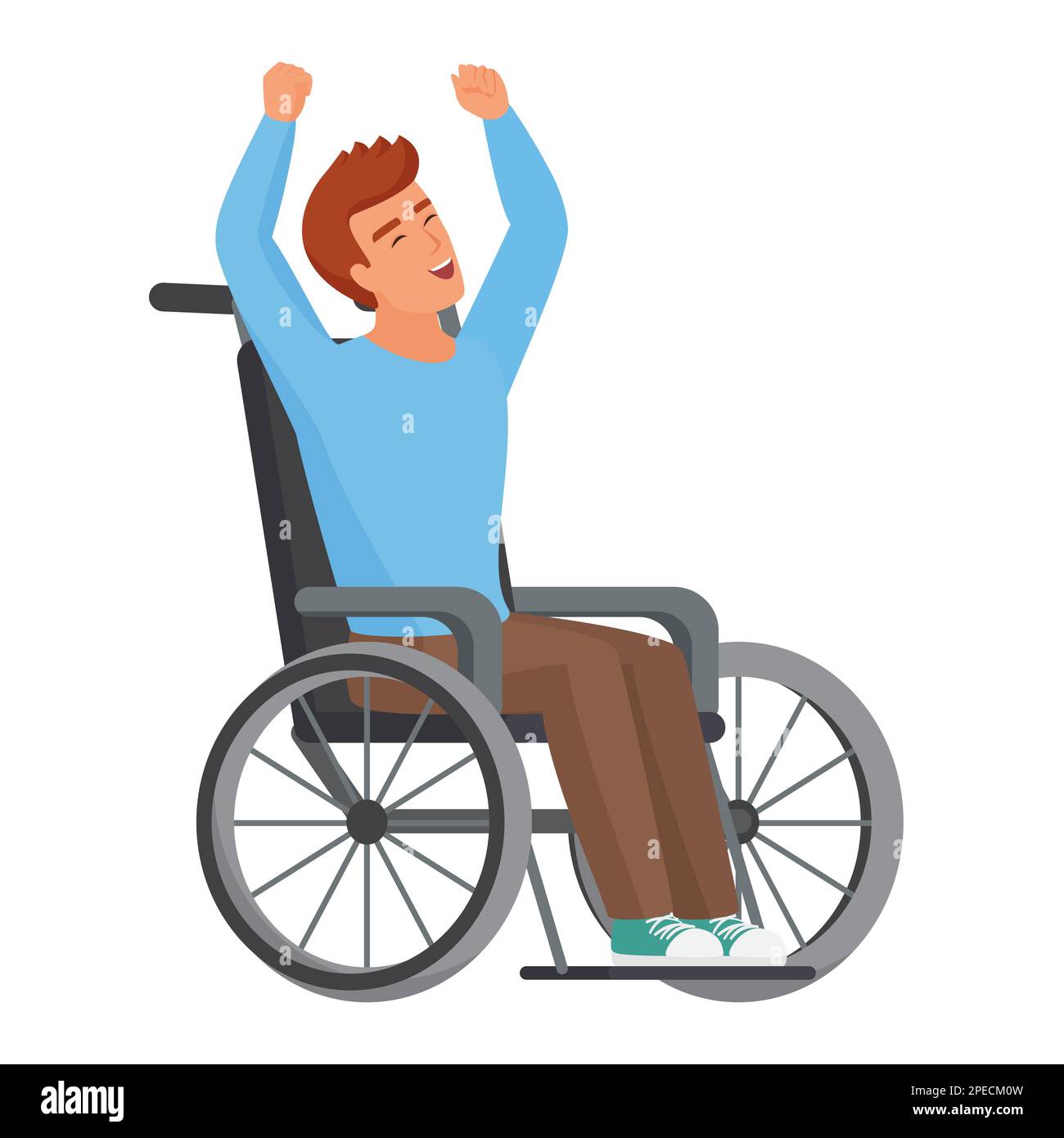 Happy disabled man with hands up. Excited boy using wheelchair vector