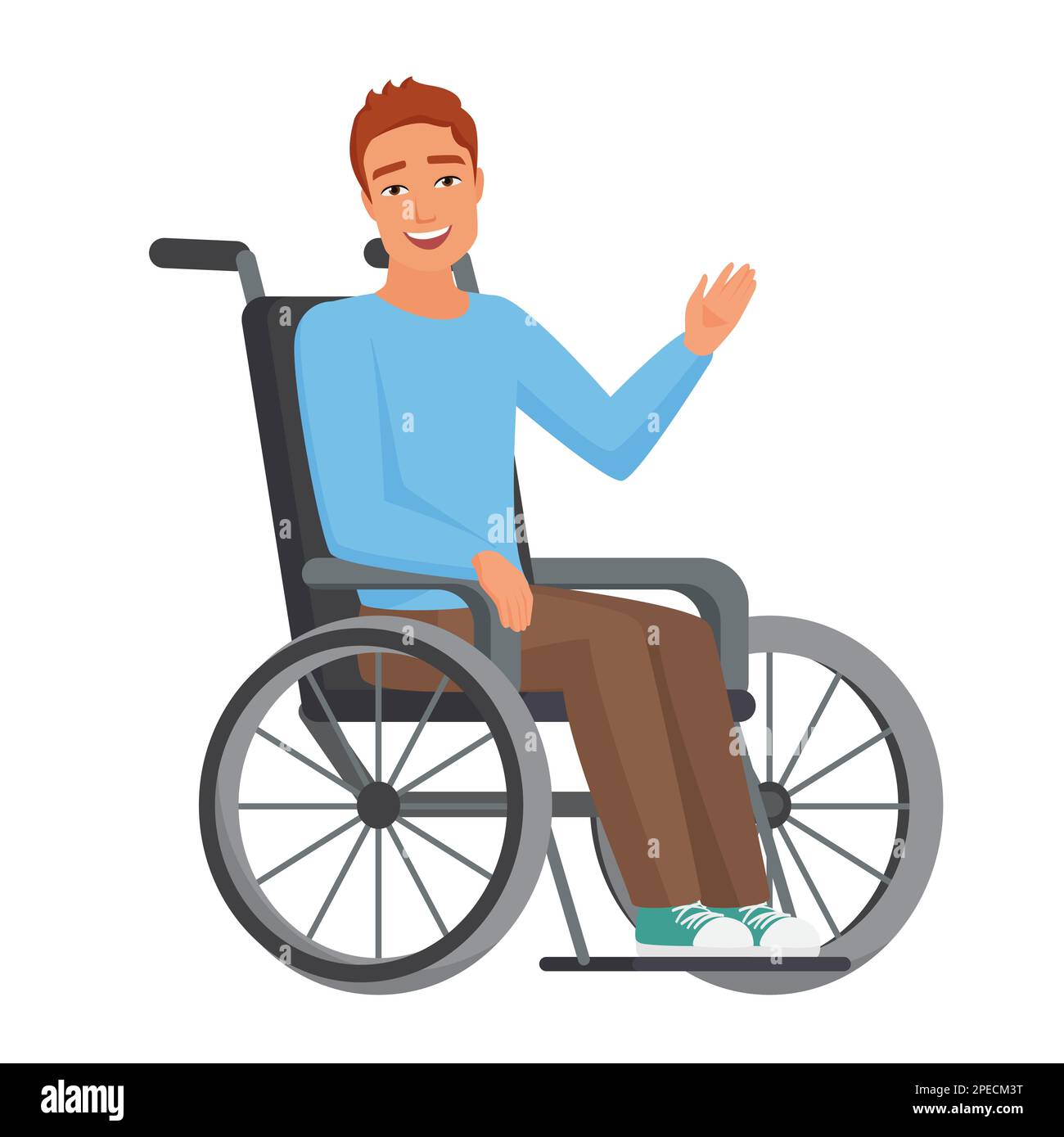 Man in wheelchair with waving hand. Disabled boy with walking problems