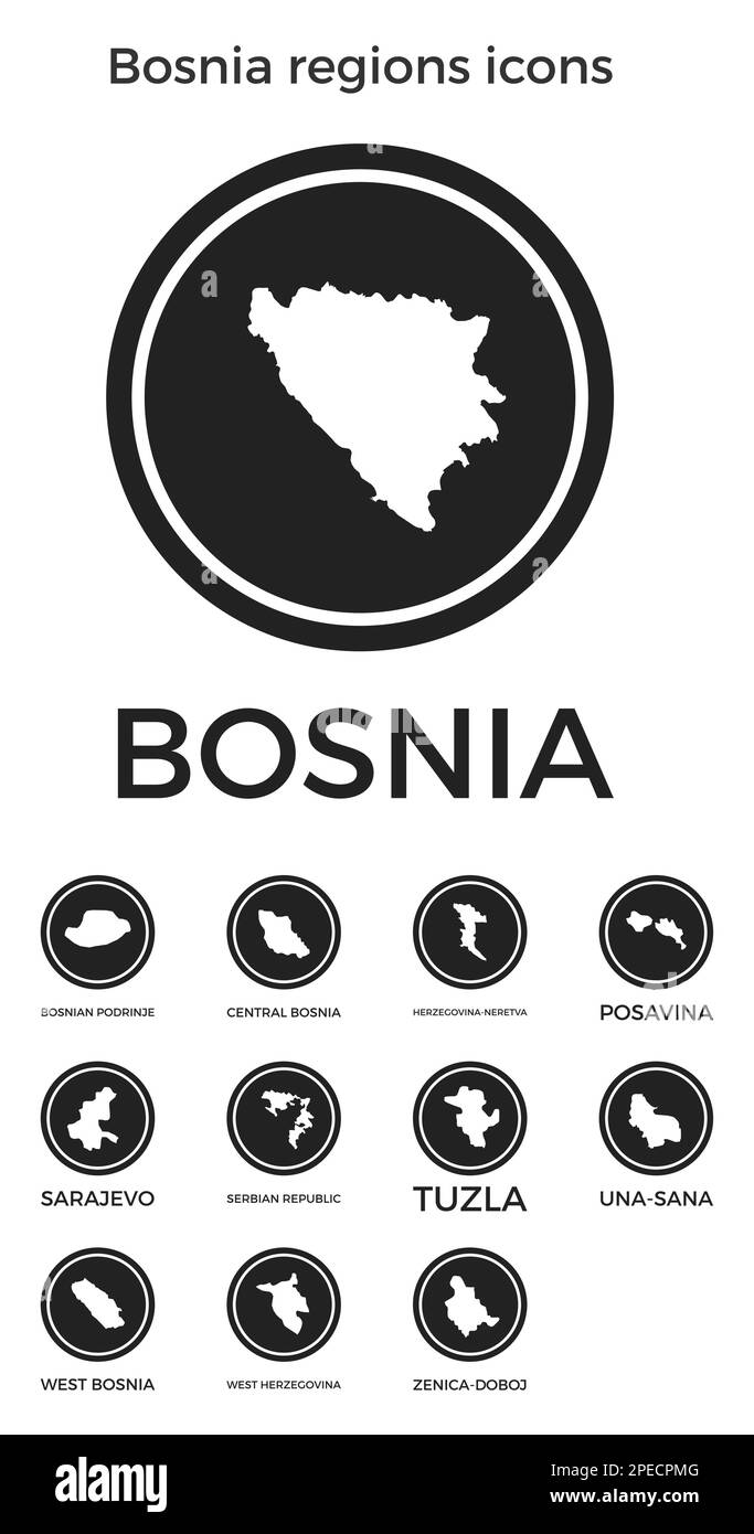 Bosnia regions icons. Black round logos with country regions maps and titles. Vector illustration. Stock Vector