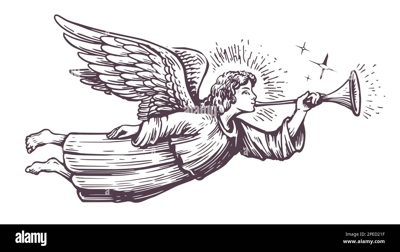 Christmas Angel flying and trumpet on pipe. Religious holiday. Hand drawn vector illustration in vintage engraving style Stock Vector