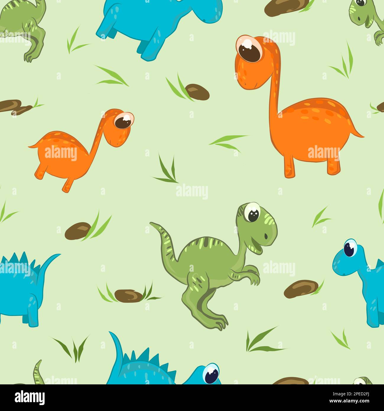 Multicolored dinosaur cartoon pattern in the sand with rocks on a light green background. Vector. Stock Vector