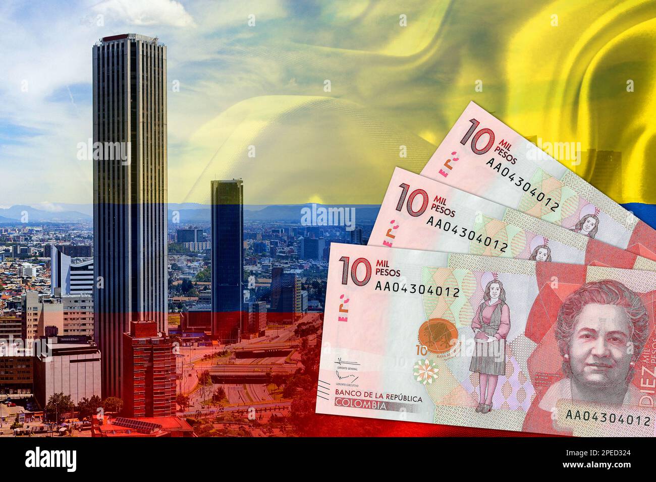Banknotes of 10,000 Colombian pesos in cash, Colombian flag and