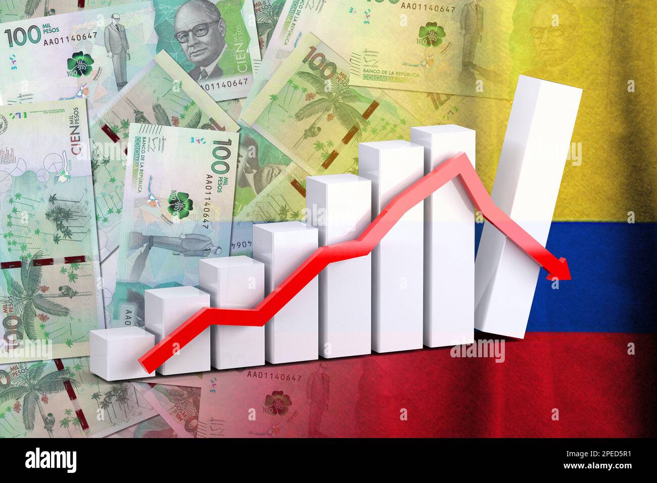 Economy Chart Down Arrow 100 000 Colombian Pesos Bills In Cash And economy-chart-down-arrow-100-000-colombian-pesos-bills-in-cash-and