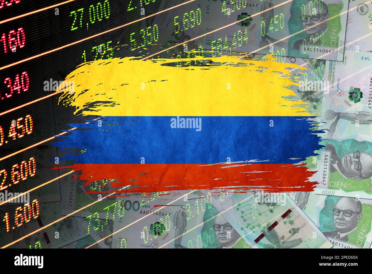 Bills of 100,000 Colombian pesos in cash, stock market indicators and