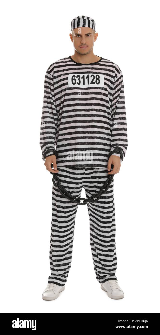 Prisoner in striped uniform with chained hands on white background Stock Photo