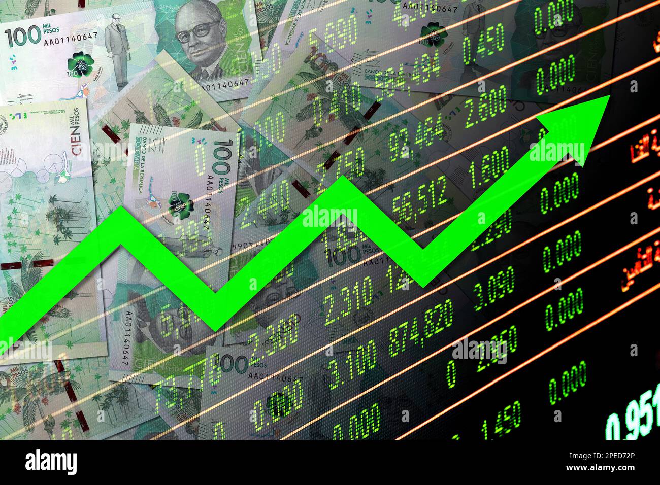 Economy graph up arrow, bills of 100,000 Colombian pesos in cash and