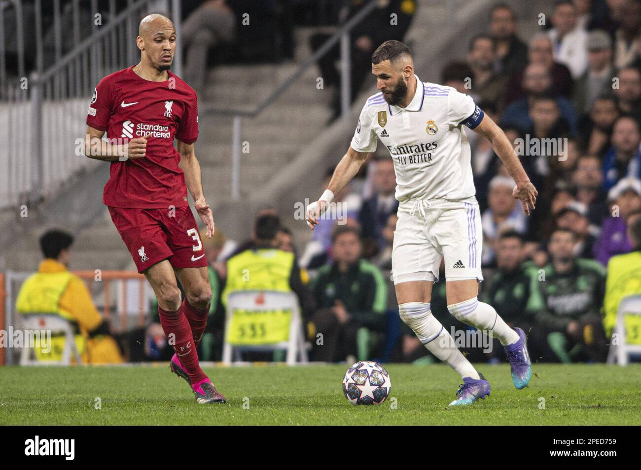 Madrid, Spain. 15th Mar, 2023. Santiago Bernabeu Stadium, Madrid, Spain,  Champions League football, Real Madrid versus Liverpool FC; Benzema and  Fabinho (Foto: Richard CallisSports Press PhotoC - ONE HOUR DEADLINE -  ONLY