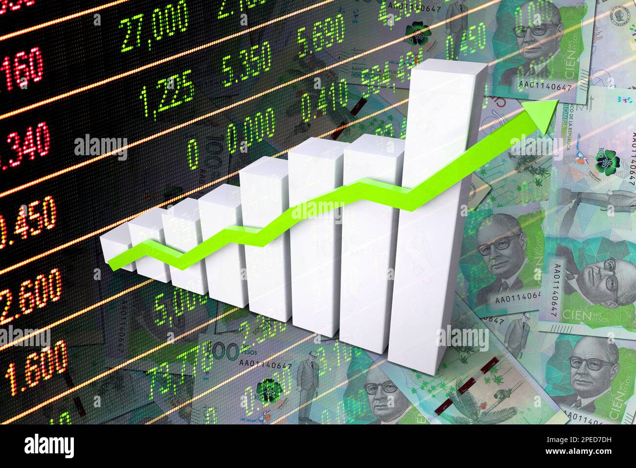 Economy graph up arrow, bills of 100,000 Colombian pesos in cash and
