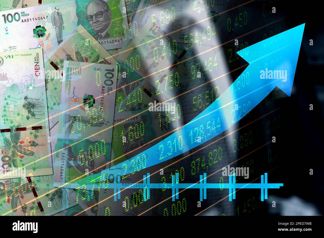 Economy Graph Up Arrow Bills Of 100 000 Colombian Pesos In Cash economy-graph-up-arrow-bills-of-100-000-colombian-pesos-in-cash