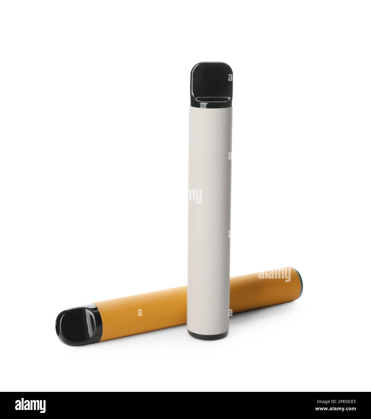 Two disposable electronic smoking devices on white background Stock