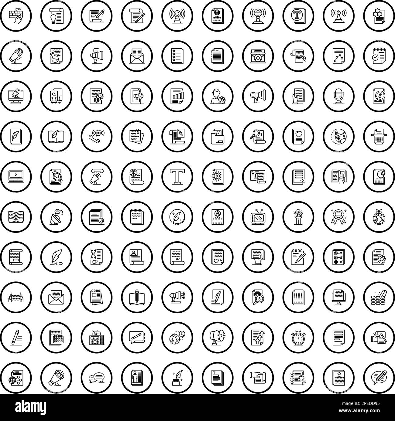 100 mass media icons set. Outline illustration of 100 mass media icons vector set isolated on white background Stock Vector