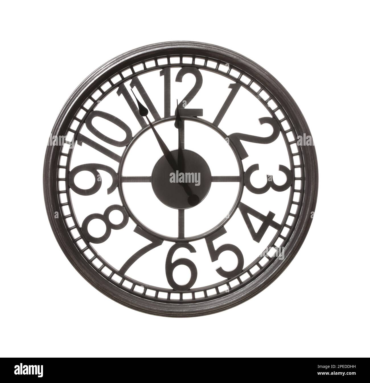 Stylish wall clock showing five minutes until midnight on white