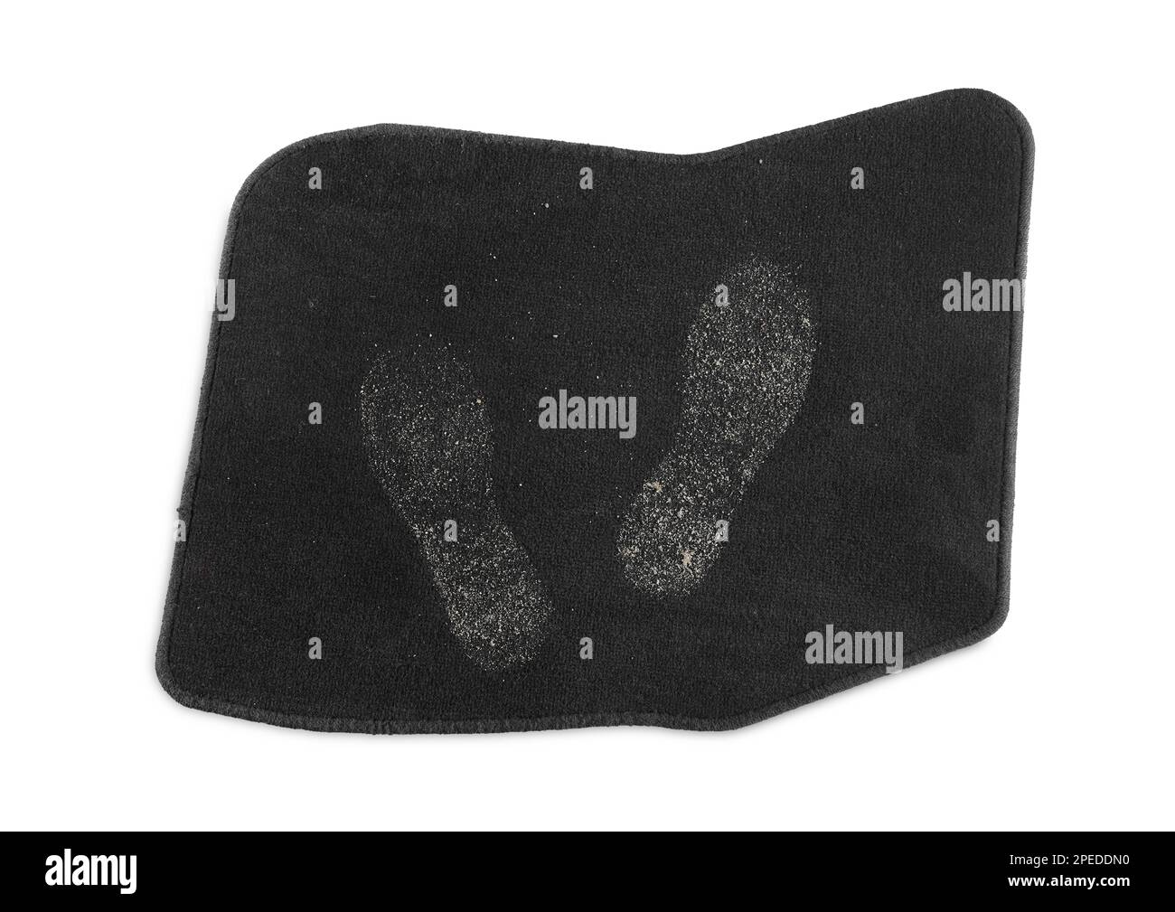 Black car floor carpet with footprints isolated on white, top view