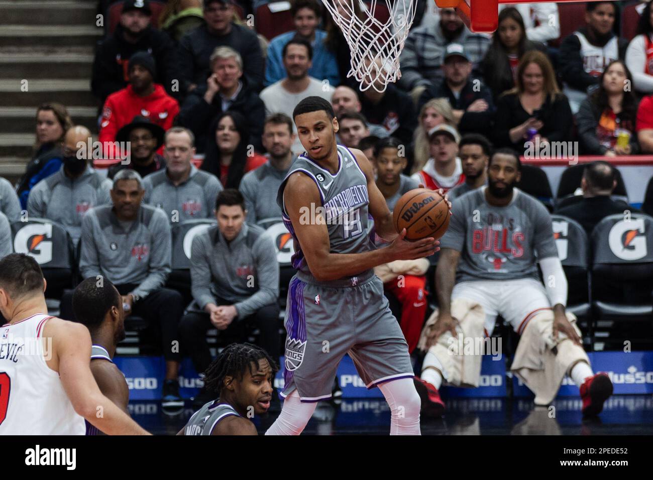Chicago, USA. 15th Mar, 2023. Chicago, USA, March 15, 2023: Keegan Murray (12 Sacramento Kings) grabs the rebound during the game between the Chicago Bulls and Sacramento Kings on Wednesday March 15, 2023 at the United Center, Chicago, USA. (NO COMMERCIAL USAGE) (Shaina Benhiyoun/SPP) Credit: SPP Sport Press Photo. /Alamy Live News Stock Photo