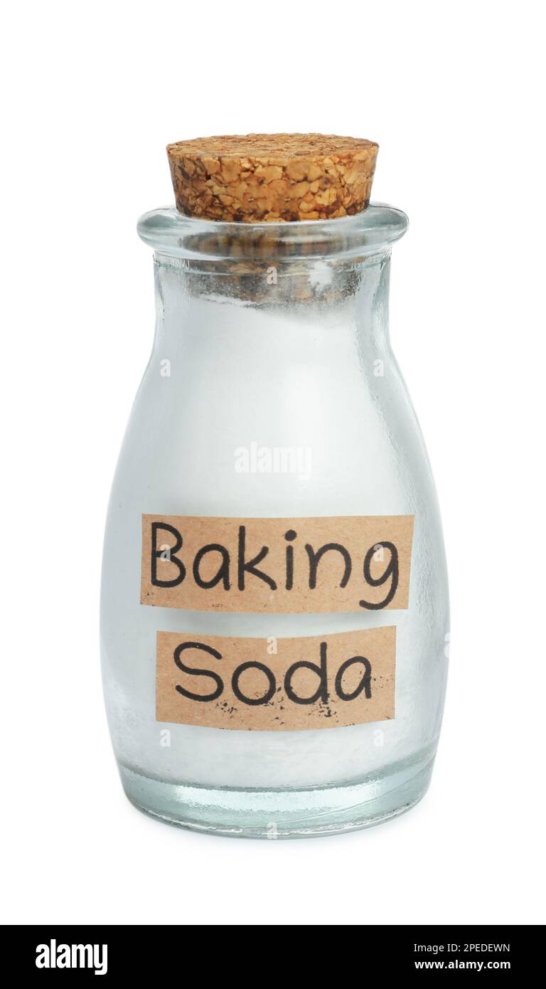 Bottle with baking soda on white background Stock Photo Alamy