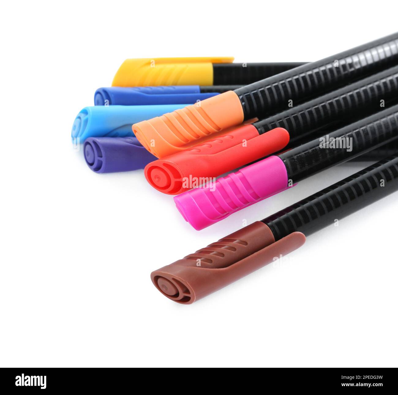 Many colorful markers on white background. School stationery Stock Photo