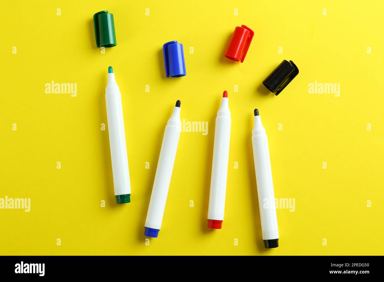 School Supplies And Coloring Pens Flat Lay On Yellow Background Stock Photo  - Download Image Now - iStock
