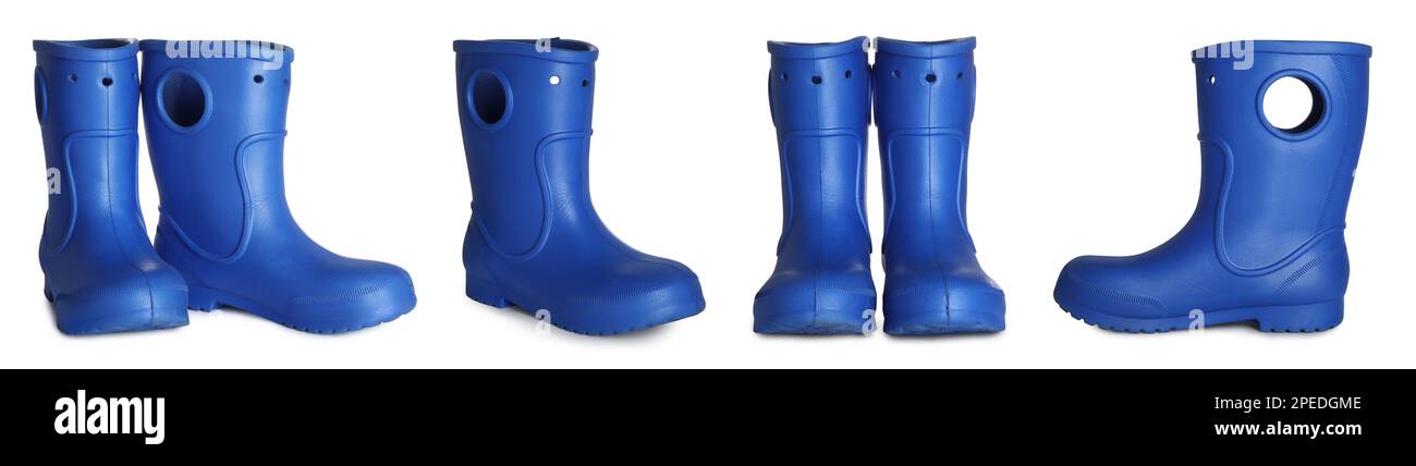Set with blue rubber boots on white background. Banner design Stock ...