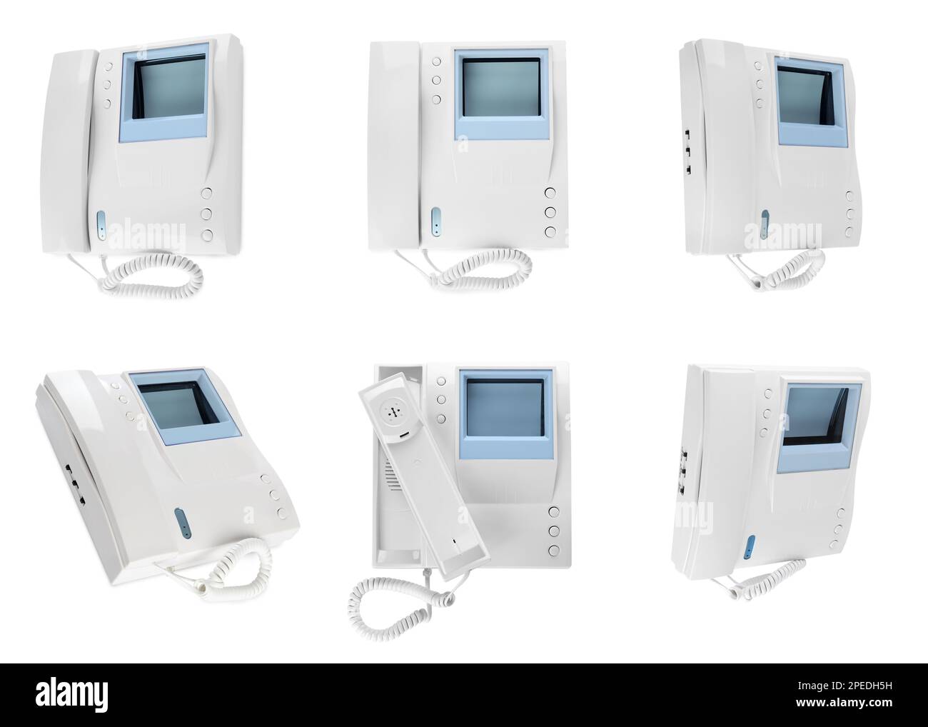 Intercom base stations with handsets on white background, collage Stock Photo