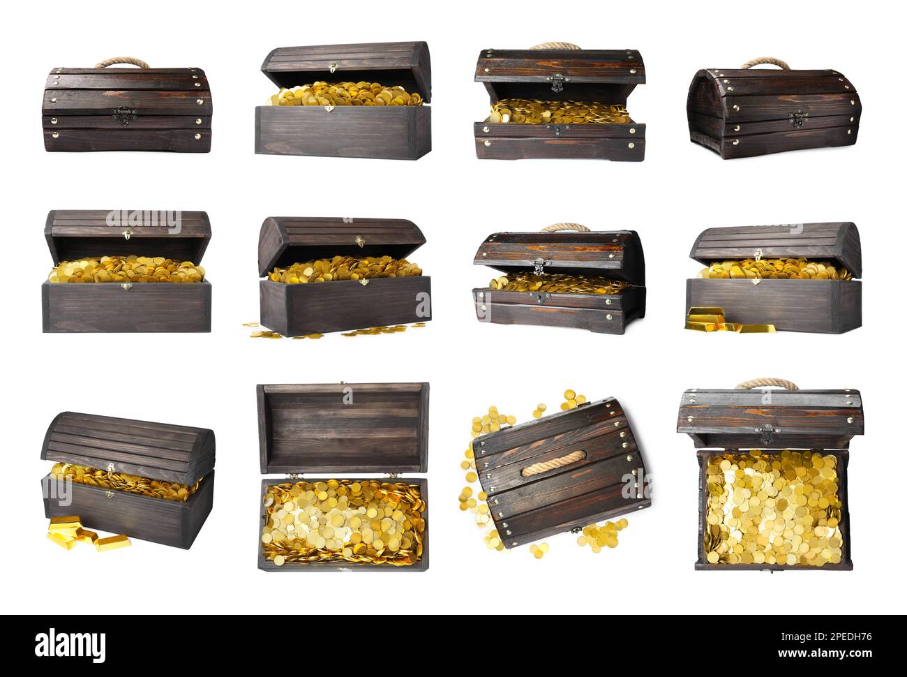 Set with treasure chests full of gold coins on white background Stock Photo