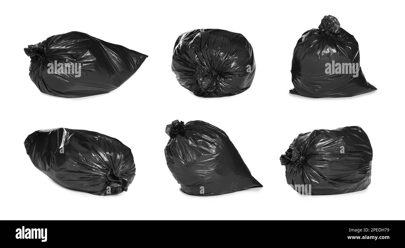 Set with trash bags filled with garbage on white background Stock Photo