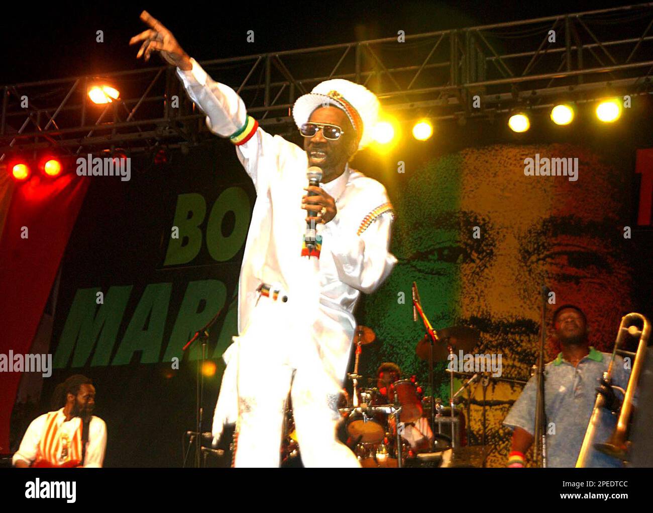 Bunny Wailer sings the songs of Bob Marley at the One Love concert to celebrate Marley's 60th birthday, Sunday, Feb. 6, 2005 in Kingston, Jamaica. Bunny Wailer is the only surviving member of Bob Marley and the Wailers which included, Bob, Bunny and Peter Tosh. (AP PHOTO/Collin Reid ) **EFE OUT** Stock Photo