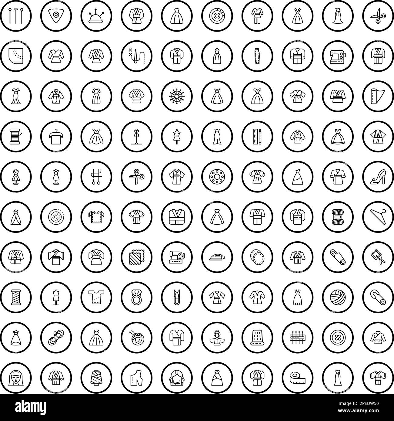 100 dress icons set. Outline illustration of 100 dress icons vector set isolated on white background Stock Vector