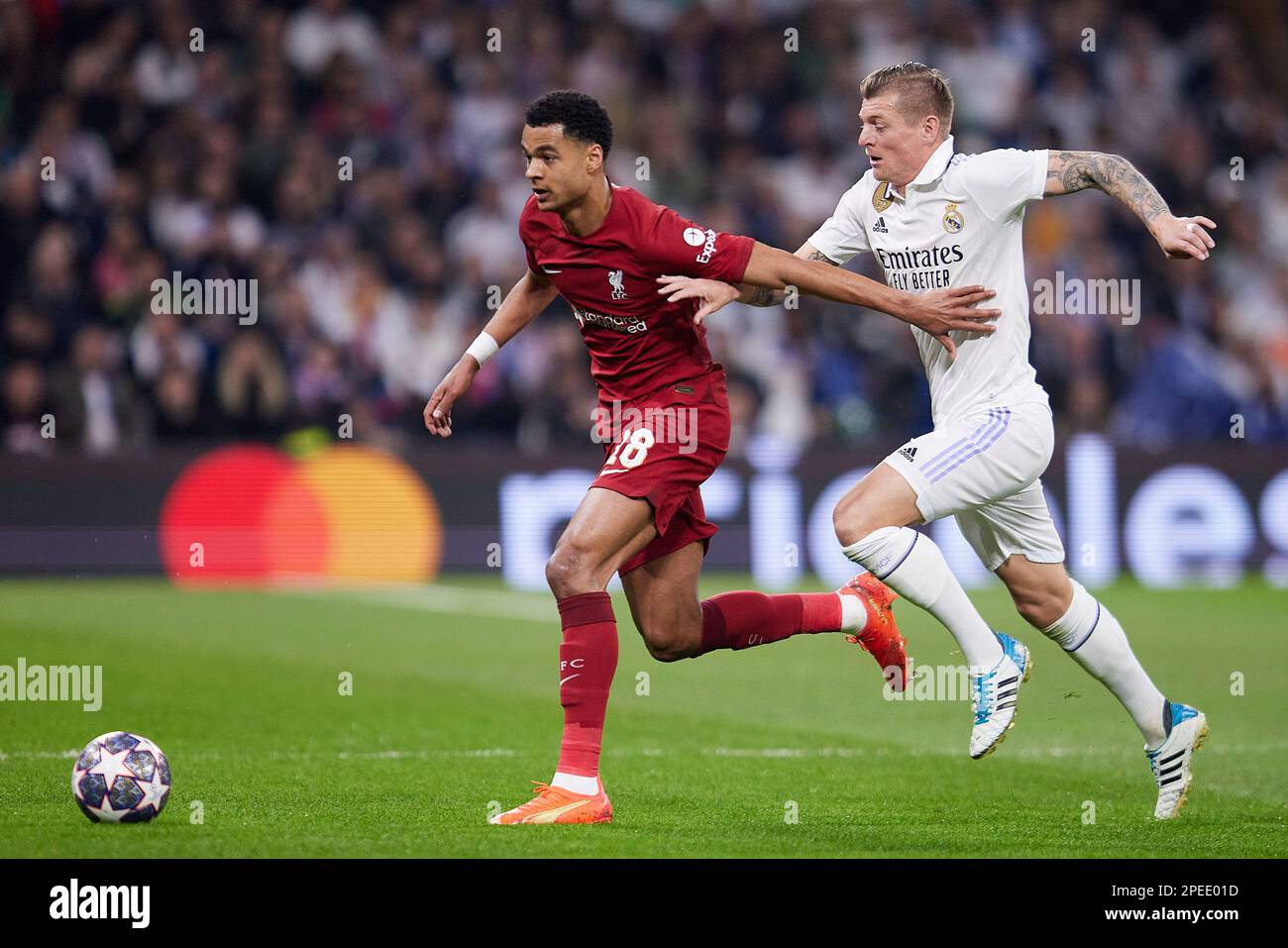 Madrid, Spain. 15th Mar, 2023. Cody Gakpo (L) of Liverpool FC and Toni Kroos (R) of Real Madrid in action during the UEFA Champions League, Round of 16, Second Leg between Real Madrid CF and Liverpool FC at Santiago Bernabeu Stadium. Final score; Real Madrid 1:0 Liverpool. Credit: SOPA Images Limited/Alamy Live News Stock Photo