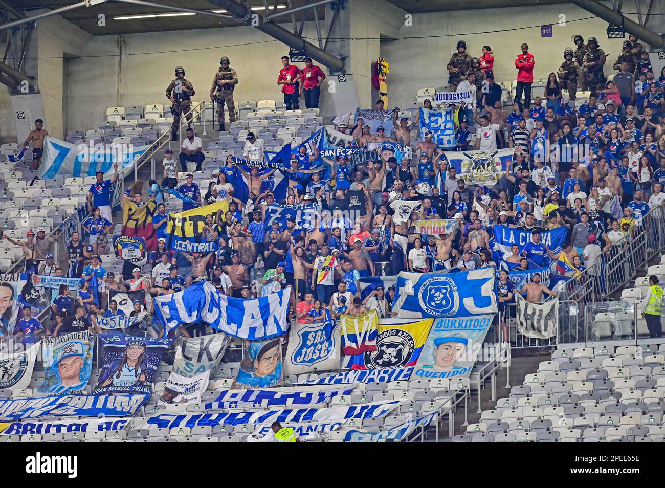 Belo Horizonte, Brazil, 15th Mar, 2023. Supporters of Millonarios, during the match between Atletico Mineiro and Millonarios, for the third preliminary phase of Libertadores 2023, at Mineirao Stadium, in Belo Horizonte, Brazil on March 15. Photo: Gledston Tavares/DiaEsportivo/Alamy Live News Stock Photo