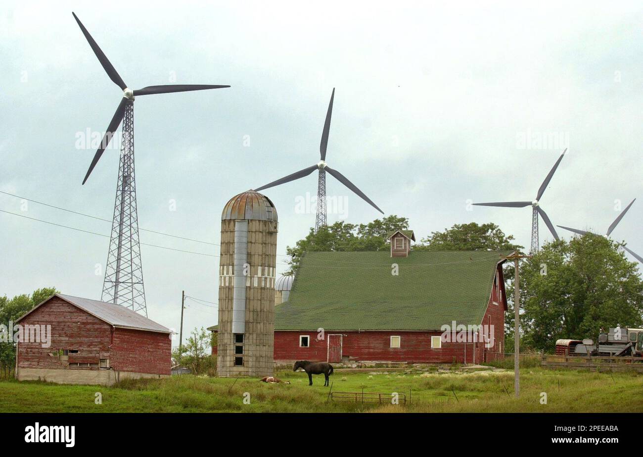 ** FILE ** Wind turbines stand over a farm in this July 24, 2001, file