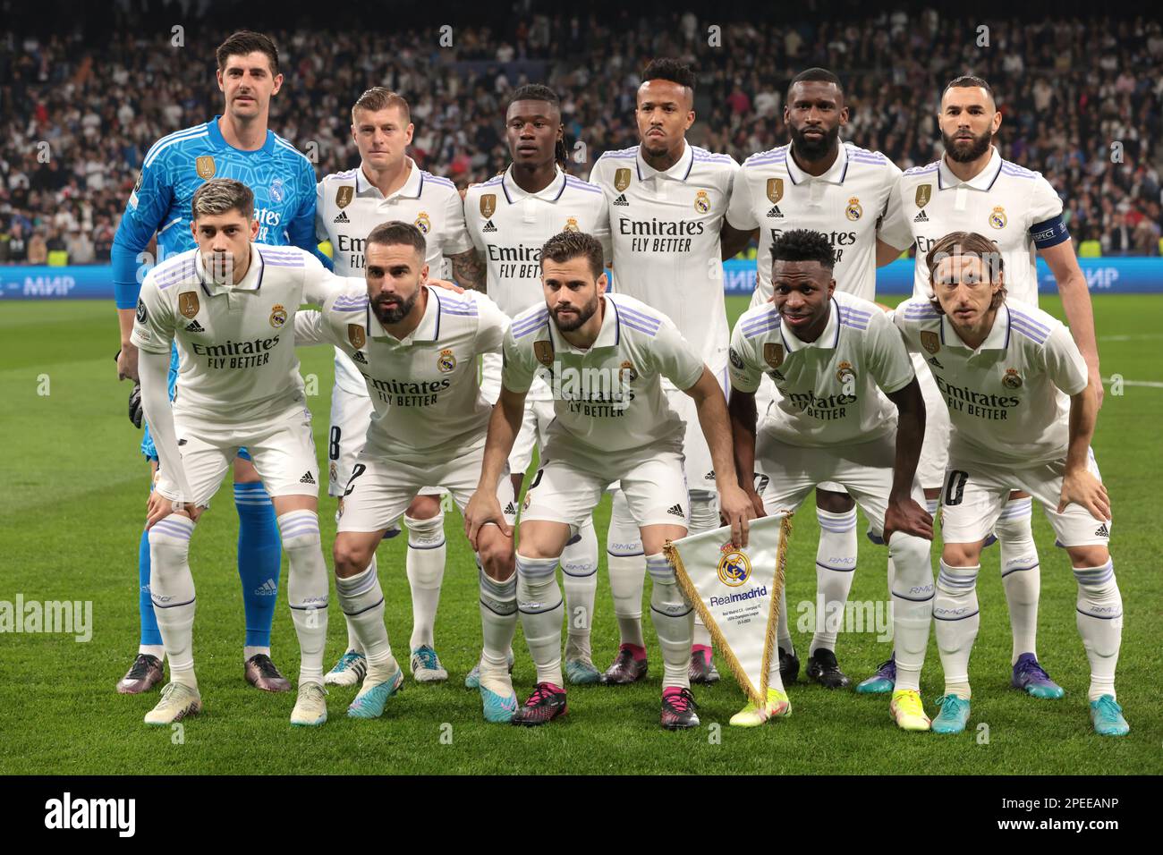 Madrid, Spain. 15th Mar, 2023. The Real Madrid starting eleven line up for a team photo prior to kick off, back row ( L to R ); Thibaut Courtois, Toni Kroos, Eduardo Camavinga, Eder Militao, Antonio Rudiger and Karim Benzema, front row ( L to R ); Federico Valverde, Daniel Carvajal, Nacho Fernandez, Vinicius Junior and Luka Modric, in the UEFA Champions League match at the Santiago Bernabeu, Madrid. Picture credit should read: Jonathan Moscrop/Sportimage Credit: Sportimage/Alamy Live News Stock Photo