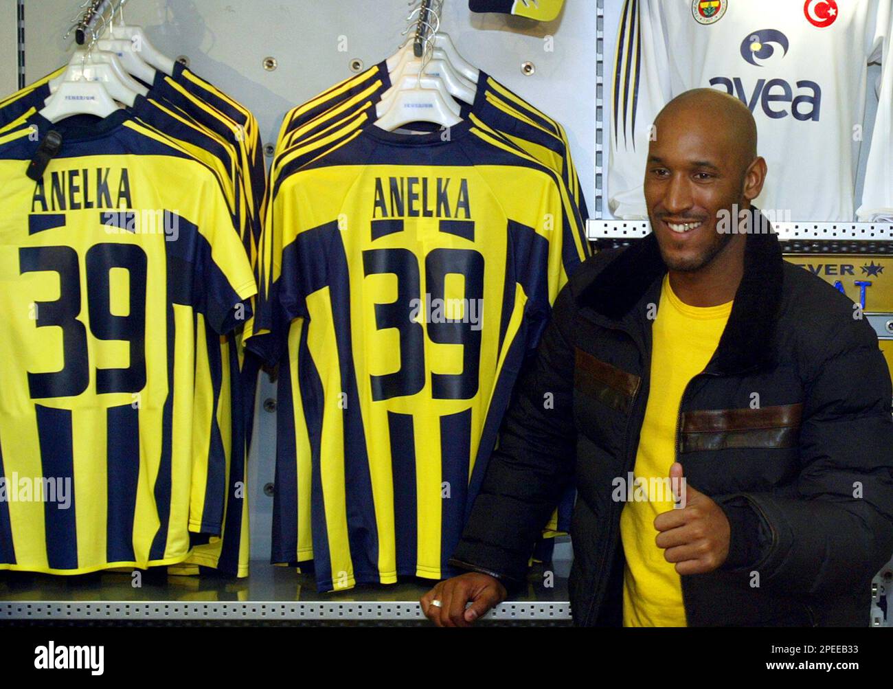 Fenerbahce's new French striker Nicolas Anelka poses for photographers at  Fenerium, Fenerbahce's official store, in Istanbul, Turkey, Monday Jan. 31,  2005. French striker Nicolas Anelka completed a euro 10.1 million, (US$13.2  million),