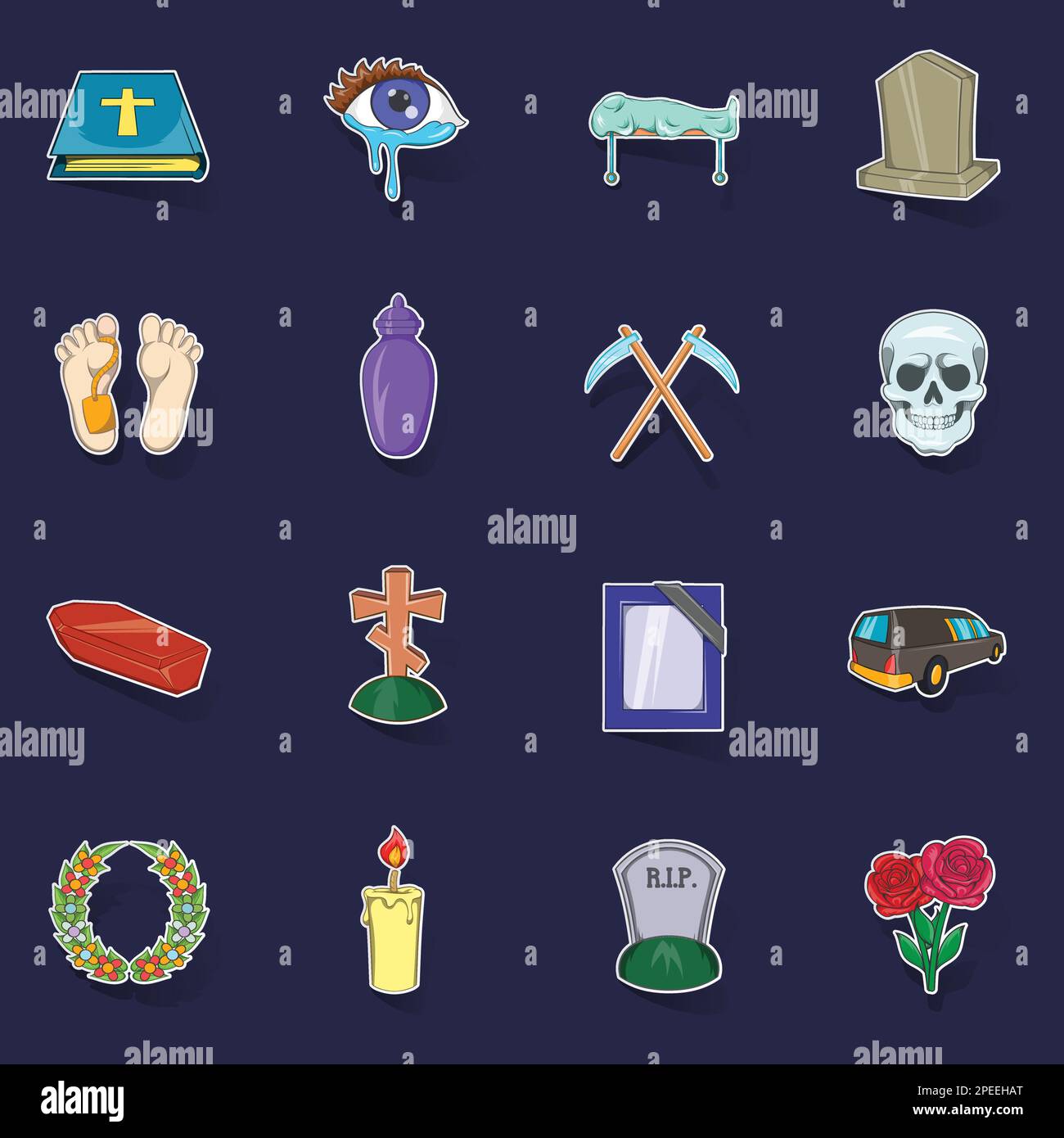 Funeral Icons set stikers collection vector with shadow on purple ...
