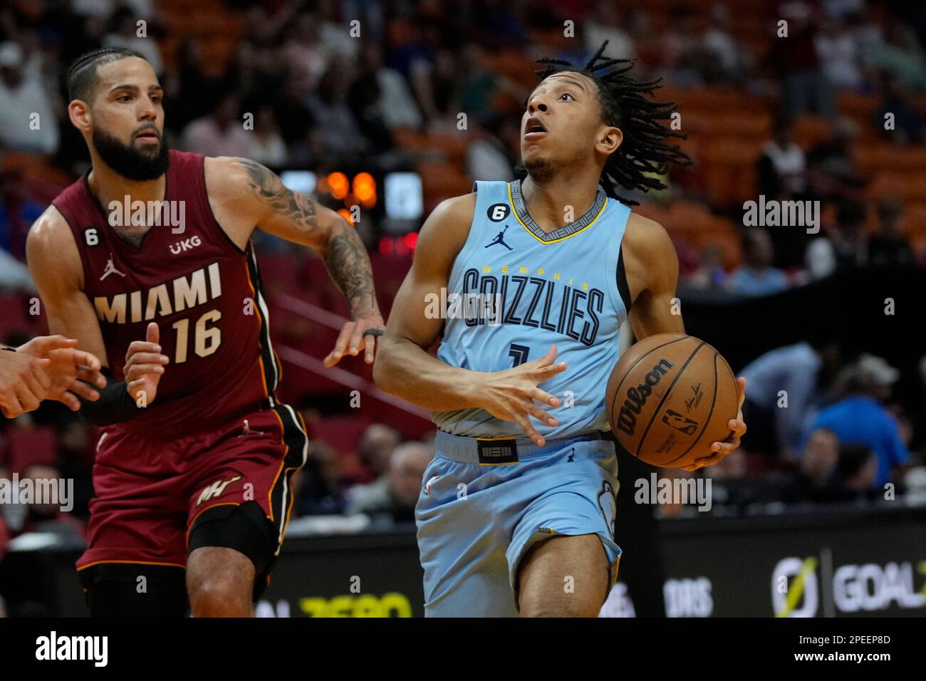 Memphis Grizzlies guard Kennedy Chandler (1) reacts during the second half  of an NBA basketball game against the Utah Jazz Saturday, Oct. 29, 2022, in  Salt Lake City. (AP Photo/Rick Bowmer Stock