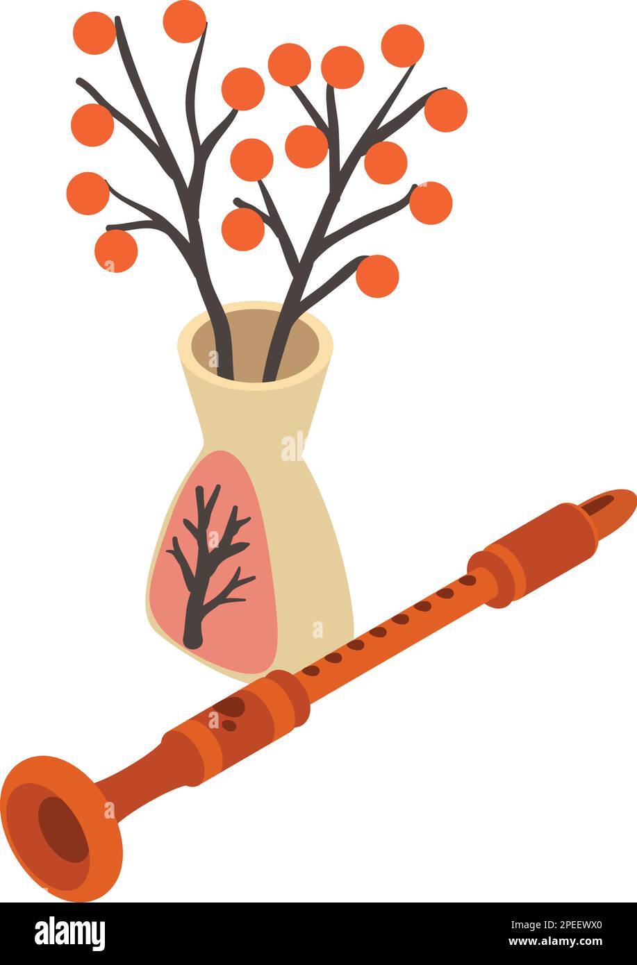 Musical pipe icon isometric vector. Wind instrument near vase with flower icon. Music concept Stock Vector