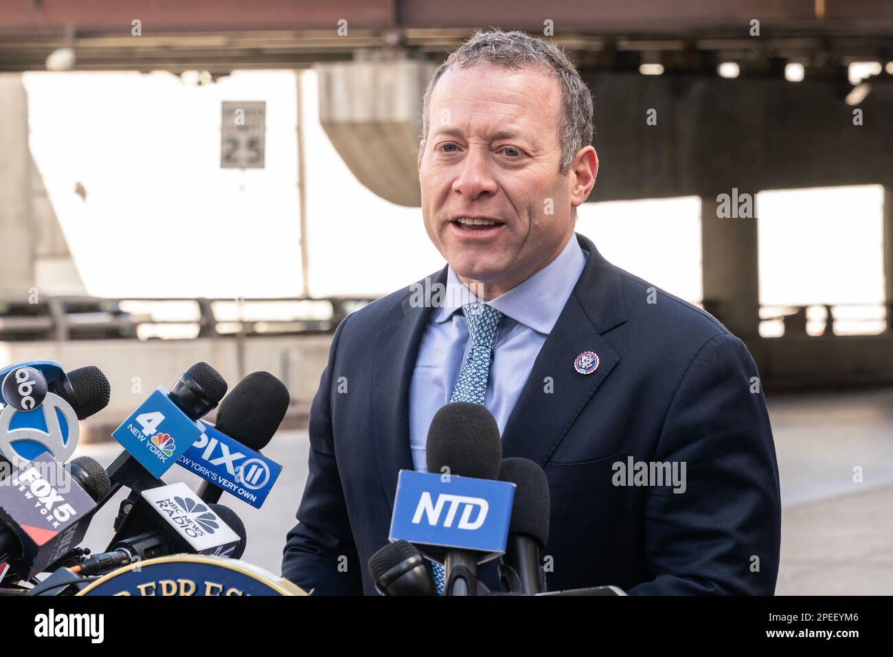 Congressman Josh Gottheimer speaks with Congresswoman Nicole Malliotakis at press conference to address congestion pricing at the mouth of Lincoln Tunnel in New York on March 15, 2023 Stock Photo