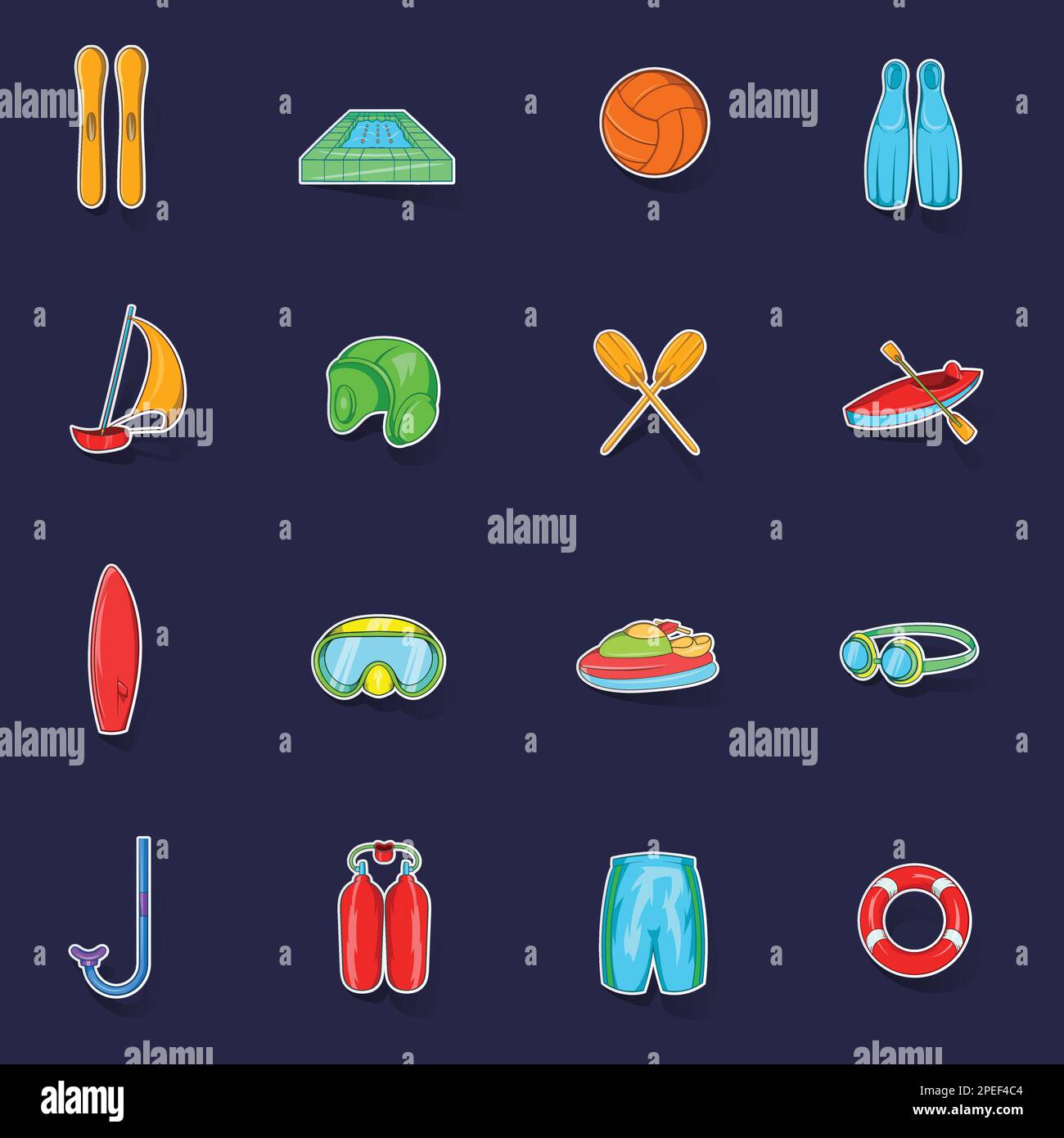 Water Sport Icons set stikers collection vector with shadow on purple