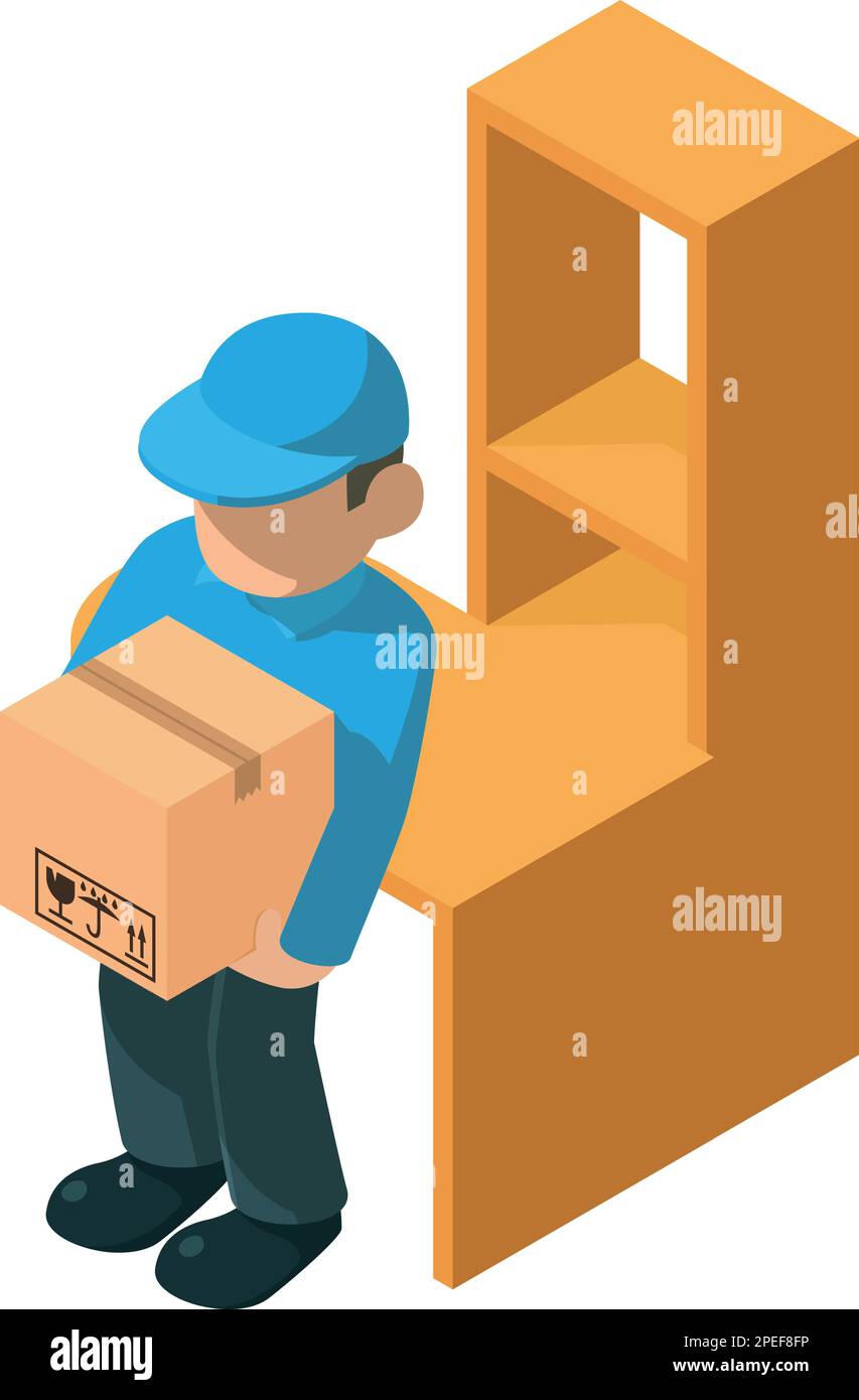 Parcel delivery icon isometric vector. Delivery service worker carry ...