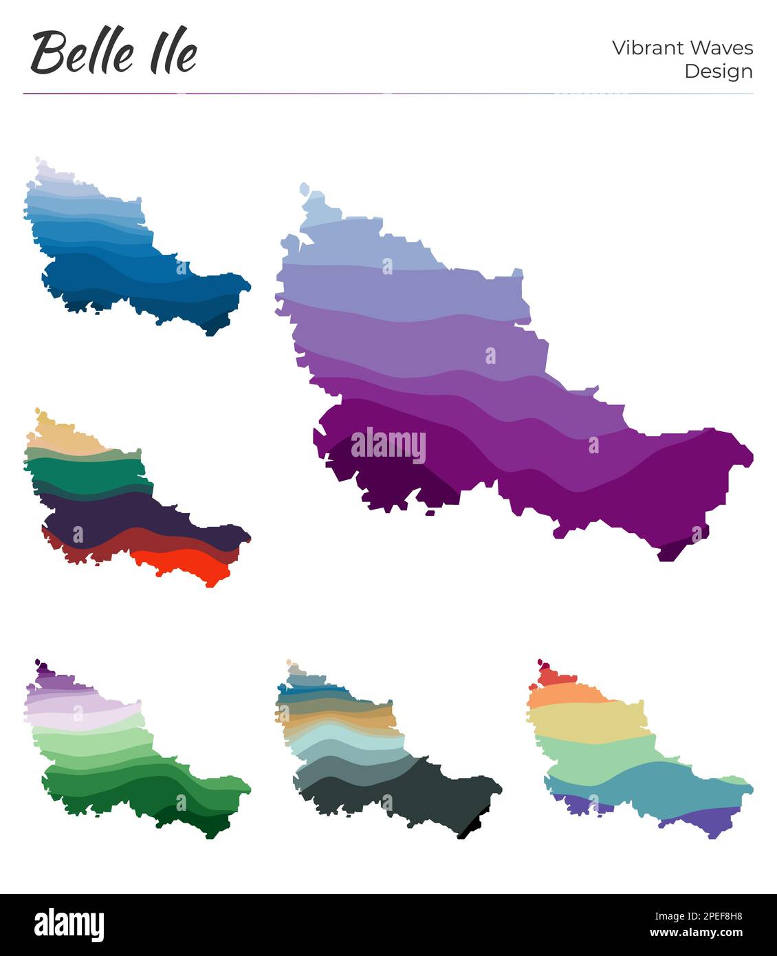 Set of vector maps of Belle Ile. Vibrant waves design. Bright map of
