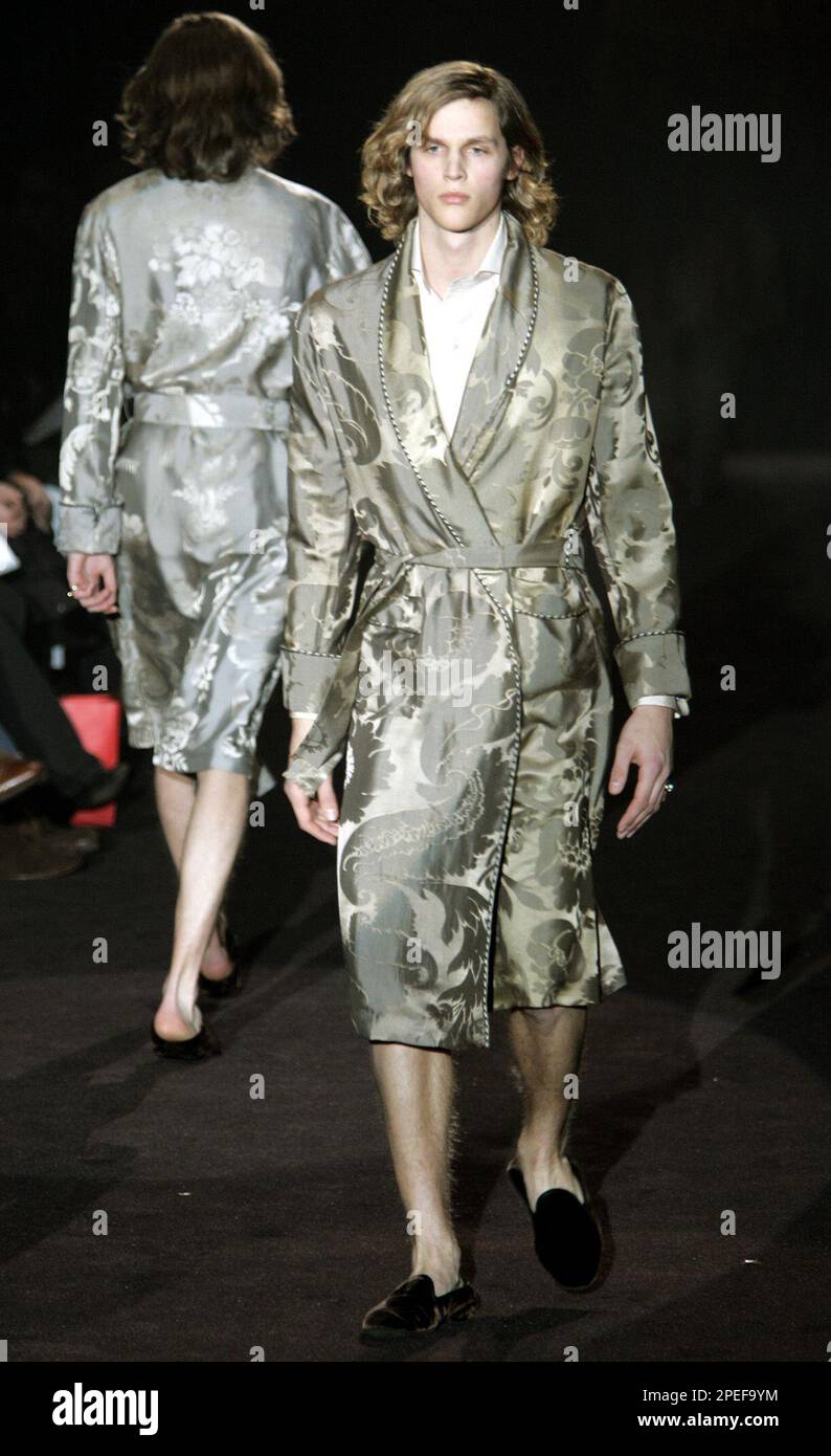 This pearl grey printed silk bathrobe is shown at the Gucci Fall/Winter  2005/2006 men's collection, presented in Milan, Italy, Tuesday, Jan.18,  2005. (AP Photo/Luca Bruno Stock Photo - Alamy