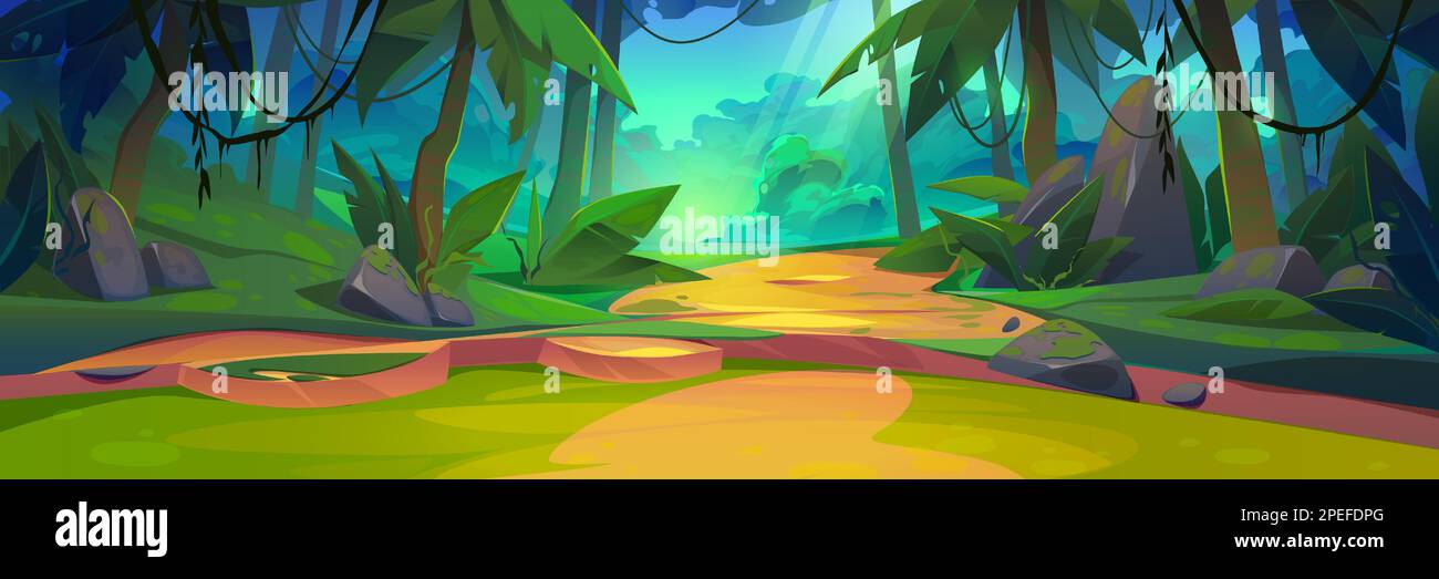 Summer jungle forest landscape with magic sunlight beam. Mysterious wild  vector illustration with sun light ray,