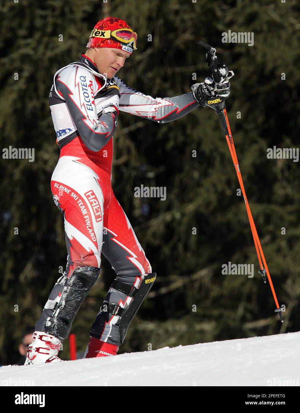 Finnish ski racer Kalle Palander reacts after he fell during the men's ...