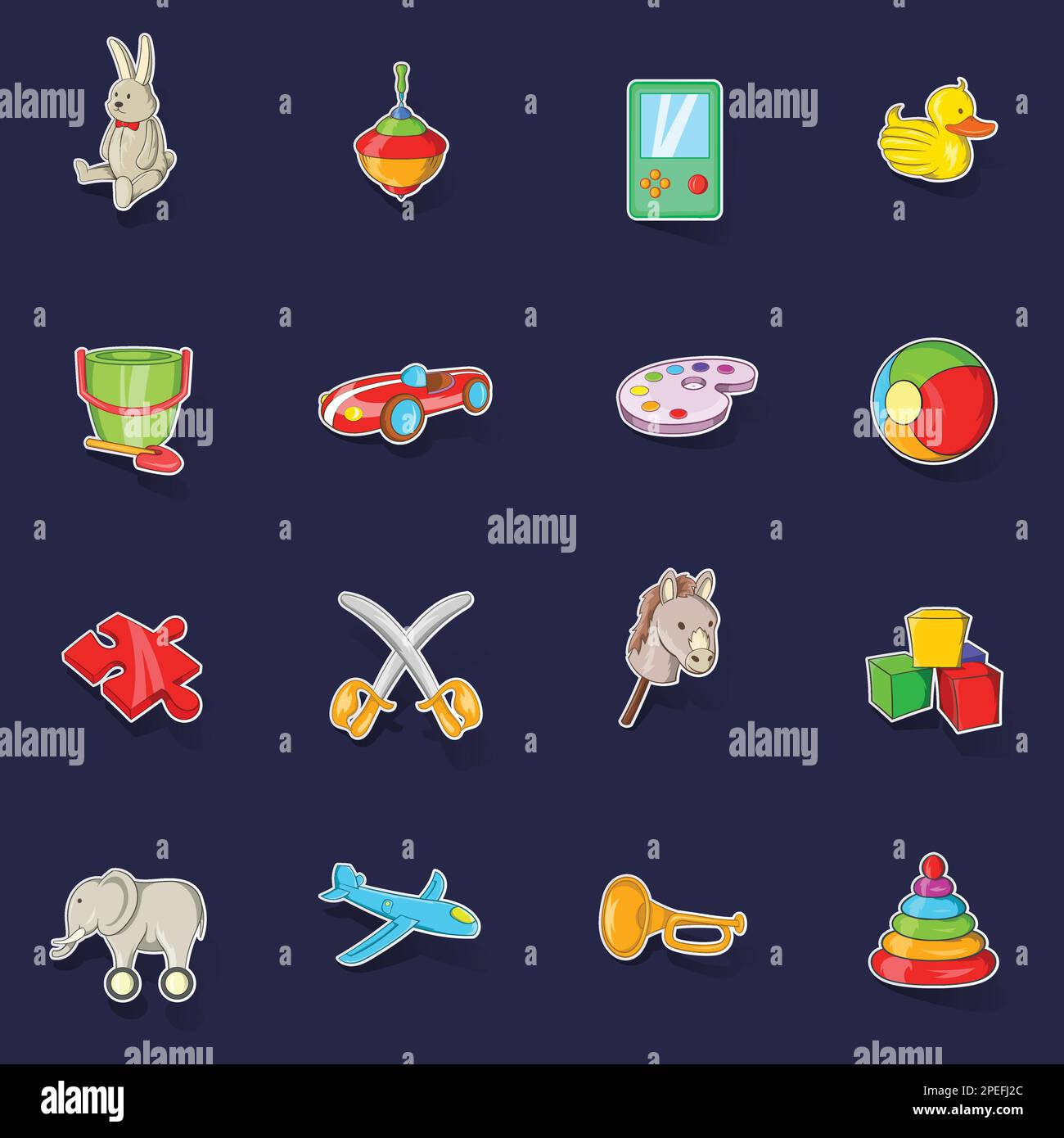 Toys icons set stikers collection vector with shadow on purple