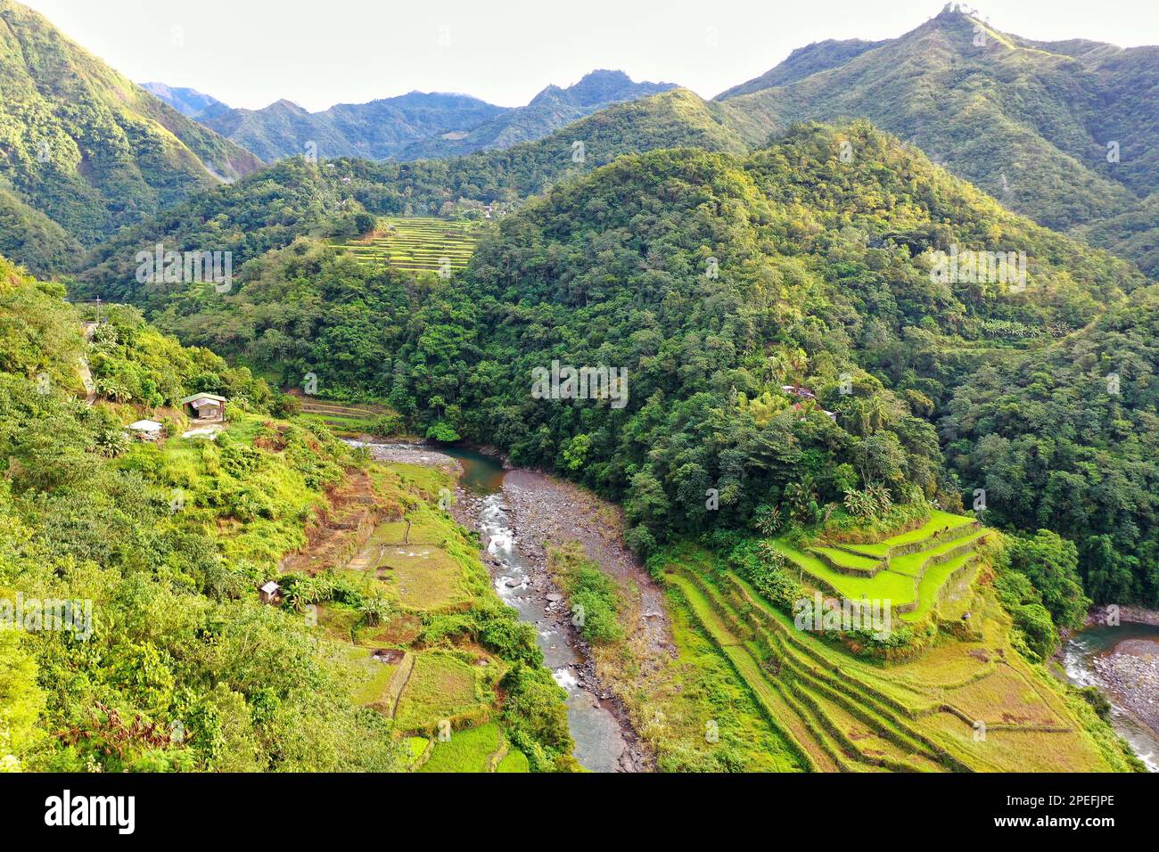 Panorama drone shot over the rice terraces of Banaue in the Philippines ...