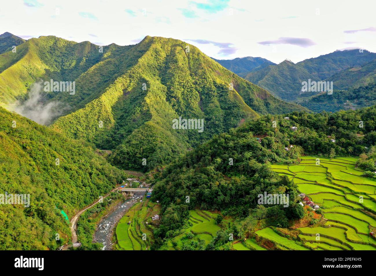 Panorama drone shot over the rice terraces of Banaue in the Philippines ...