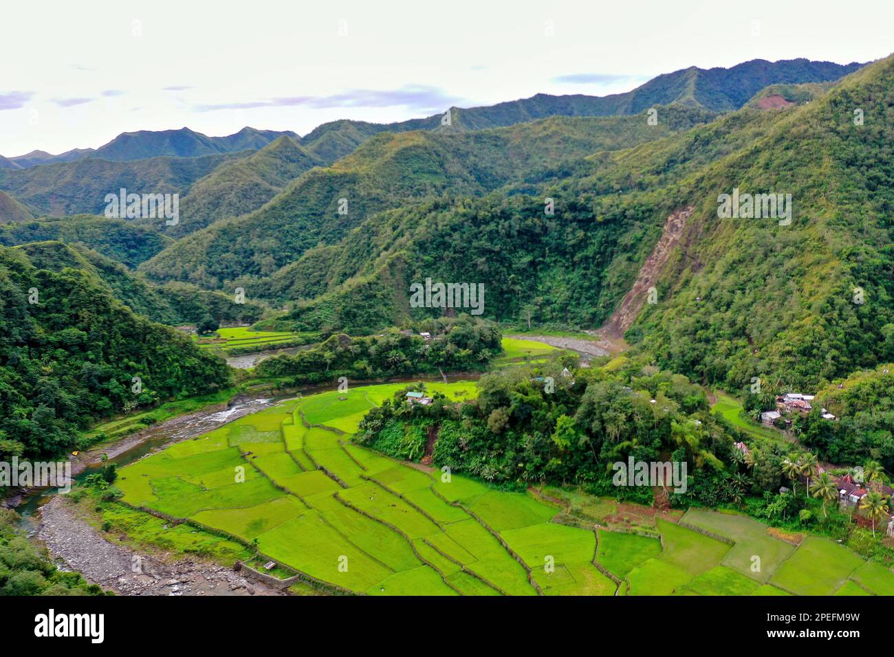 Panorama drone shot over the rice terraces of Banaue in the Philippines ...