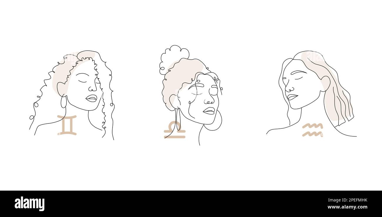 Gemini, libra, aquarius. Air zodiac signs with linear female faces ...