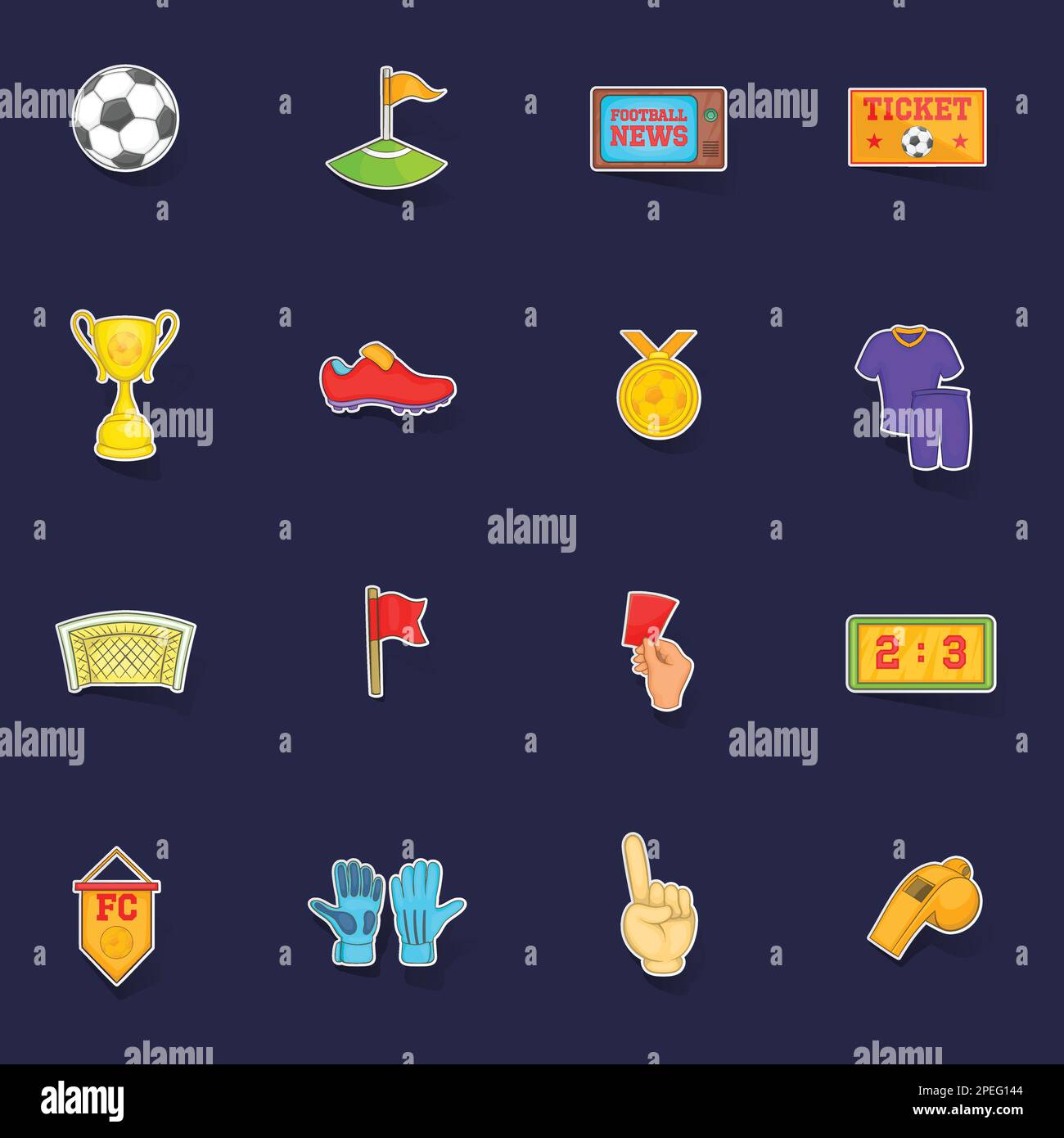 Soccer icons set stikers collection vector with shadow on purple