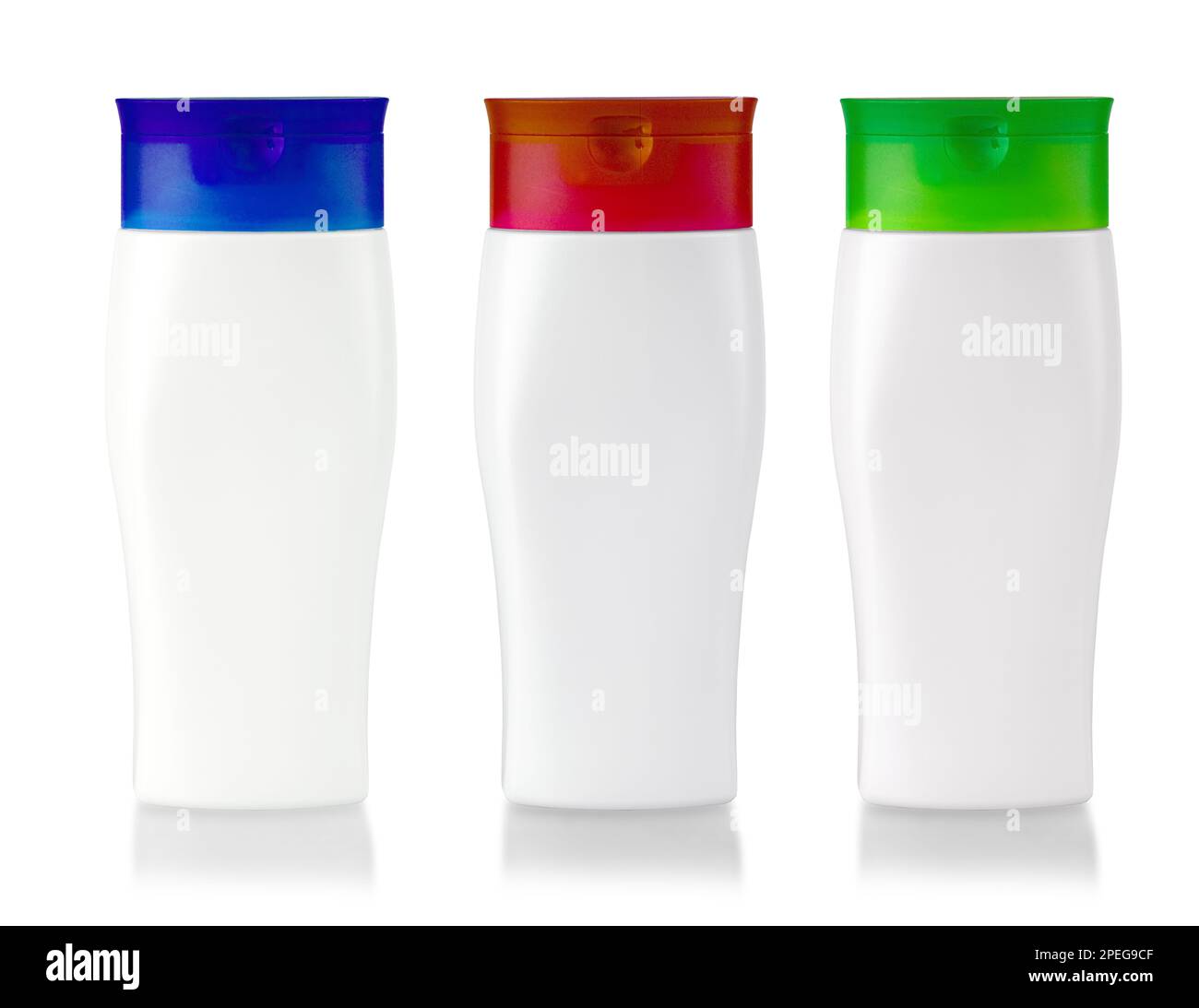 The Set of White blank plastic bottles with collored lid isolated on ...